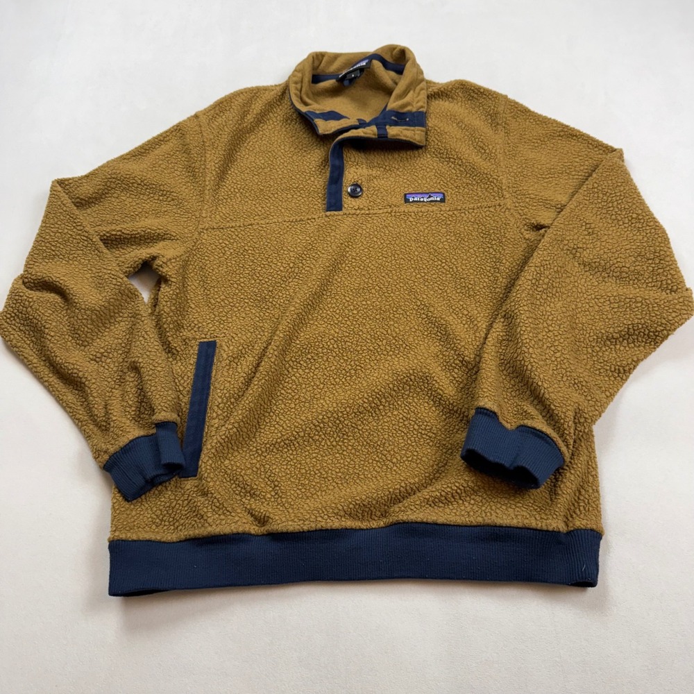 Patagonia Mens Small Shearling Button Pullover Fleece Brown Navy 26140